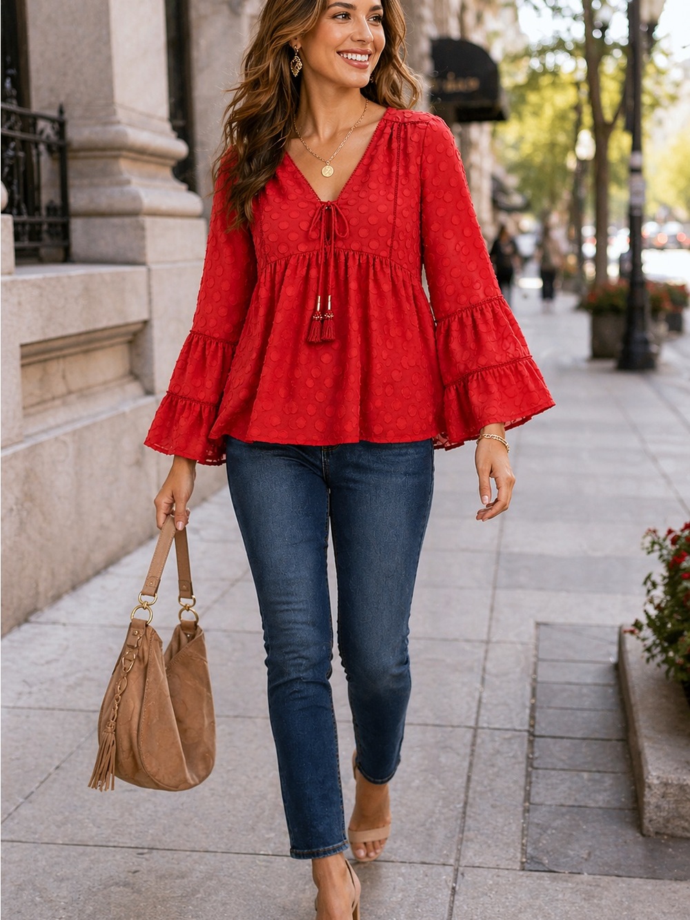 Soft Surroundings Red Swiss Dot Boho Blouse Tassel Tie Flowy Peasant Top Womens - Picture 4 of 14